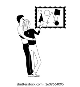 Man embraces a woman, they stand in front of an abstract painting. the girl points her finger to the right and up. Hand drawn black and white outline image.