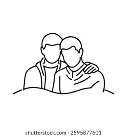 
Man embracing another man in a warm and affectionate gesture line art flat vector illustration.