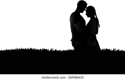 A man embracing his beloved. Silhouettes. Black and white.
