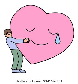 Man Embracing  a Sad Heart. Simple Vector Illustration.