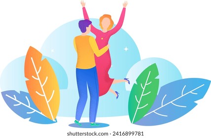 Man embracing woman who is jumping with joy, both surrounded by stylized foliage. Celebratory mood, happy couple, colorful. Joyful moments and love celebration vector illustration.