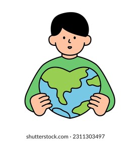Man Embracing the World with Love. Environment, Power and Saving Energy Concept. Cartoon Flat Vector illustration.