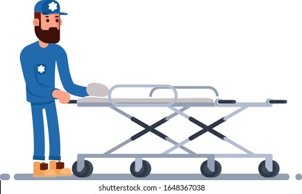 A man from an emergency ambulance brigade carries an empty stretcher. The nurse hurries to the rescue. Medical flat illustration on white background.