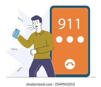 Hombre con llamada de emergencia. Chico joven cerca de smartphone con los números 911. Los ciudadanos llaman a bomberos, ambulancias o policías. Accidente y desastre. Ilustración vectorial lineal aislada sobre fondo blanco
