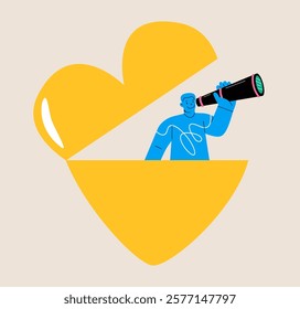 Man emerges from the shape of a heart looking for love through binoculars. Colorful vector illustration 
