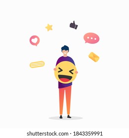 Man with emoji smile and diferent social network symbols. Vector illustration