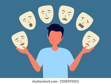 Man with emotion masks. Faceless guy hiding real feelings. Mental health and psychological problems.