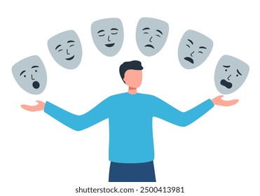 Man with emotion masks. Faceless guy hiding real feelings. Mental health and psychological problems.