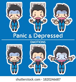 Man emotion set. Panic and Depressed Man illustrations.