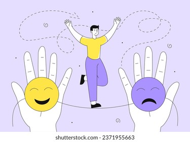 Man with emotional balance line concept. Young guy at thin rope between positive and negative emotions. Facial expressions and moods. Happiness and sadness. Linear flat vector illustration