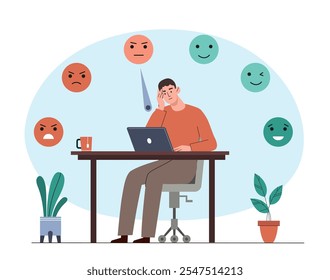 Homem com indicador de emoções. Jovem sentado em seu local de trabalho no laptop com escala emocional. Tensão negativa e ansiedade. Medição do humor. Ilustração de vetor plano isolada no plano de fundo branco