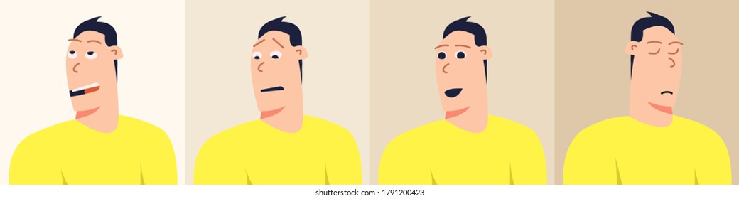 Man emotions pack. Boring, scared, surprised, tired face. Avatar. Vector Flat Illustration. Cartoon.