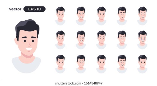 Man emotions set. Cartoon people face. Young boy. Cute male character for animation. Different facial expressions collection. Simple design. Flat style vector illustration.