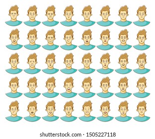 Man emotions set. Wide range of emotions, cartoon character, happiness, sadness, surprise, showing tongue.
