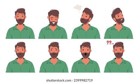 Man Emotions Vary. Joy Beams From his Smile, Sadness Clouds his Eyes, Determination Fuels his Gaze, And, Shock Creating A Dynamic Emotional Spectrum of Cartoon Male Character. Vector Illustration