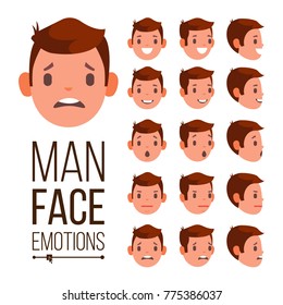 Man Emotions Vector. Different Male Face Avatar Expressions Set. Emotional Set For Animation. Isolated Flat Cartoon Illustration
