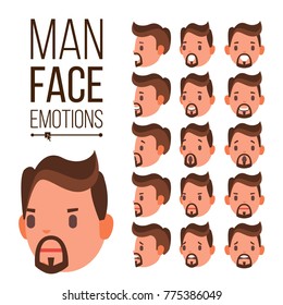 Man Emotions Vector. Handsome Face Man. Cute, Joy, Laughter, Sorrow. Human Psychological Portraits. Isolated Flat Cartoon Illustration