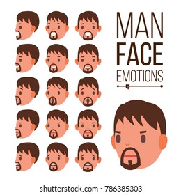 Man Emotions Vector. Handsome Face Man. Different Male Face Avatar Expressions Set. Cute, Joy, Laughter, Sorrow. Human Psychological Portraits. Isolated Flat Cartoon Illustration