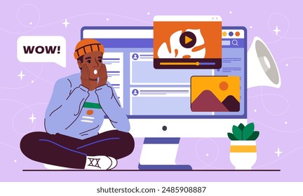Man with emotive content. Young guy in hat sits in shock and looks at website page. Promotion on Internet and social networks. Content creation. Flat vector illustration isolated on violet background