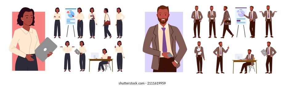 man employee with beard holding phone and laptop, walking isolated on white, Businesswoman poses set, girl manager. Cartoon office worker character showing business presentation on lecture