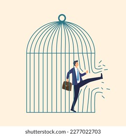 Man employee break the giant cage in flat design. Tired and unhappy company worker step out of comfort zone. Freedom need.