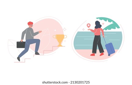 Man Employee with Briefcase Walking Up the Staircase and Woman with Suitcase at Seashore Vector Set