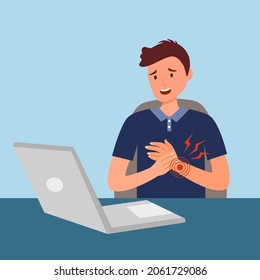 Man Employee Having Hand Or Wrist Pain From Typing Keyboard On Laptop Computer In Flat Design. Arm Pain.