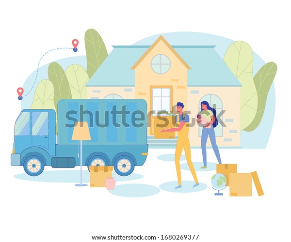 Man\
Employee Helps Woman Load Boxes for Moving. Young Mother Moves to\
New Home and Turned to Company that Deals with Relocation. She\
Rented Large Car and Worker for Transporting\
Things.