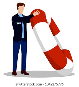 man, employee of insurance company holds large lifebuoy. Life and health insurance. Preventing accidents. A way out of difficult situations. Vector