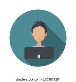 Man employee with laptop flat illustration. Online work flat icon with long shadow. Vector.