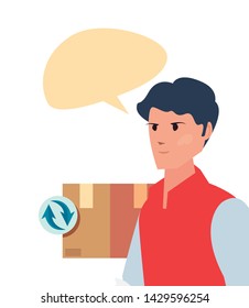 man employee package talk bubble fast delivery