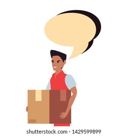 man employee package talk bubble fast delivery