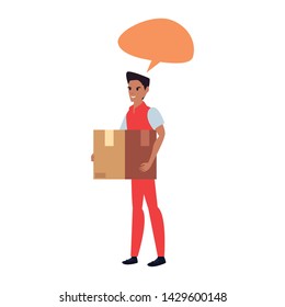 man employee package talk bubble fast delivery