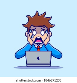 Man Employee Panic With Laptop Cartoon Vector Icon Illustration. People Technology Icon Concept Isolated Premium Vector. Flat Cartoon Style