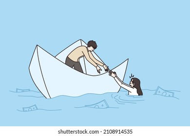 Man employee in ship help female colleague drowning in ocean. Businessman give stretch hand to woman coworker having business financial problems. Teamwork and cooperation. Vector illustration. 