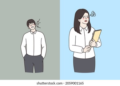 Man Employee Shout Scream Rude Abusive Words To Female Colleague At Workplace. Gender Sex Gap In Office. Male Worker Offend Woman Coworker. Sexual Harassment, Discrimination. Vector Illustration. 