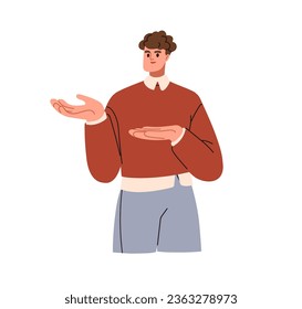 Man employee showing, pointing aside, presenting something with hand gesture. Businessman presenter speaker offering, advertising, promoting. Flat vector illustration isolated on white background