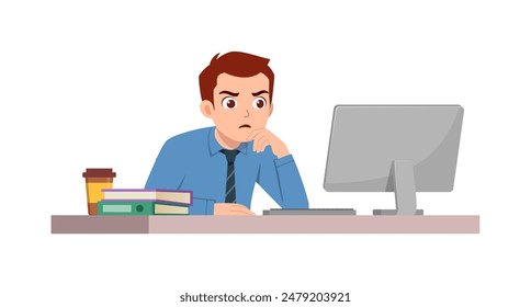 man employee sit in desk working on office and serious look to computer