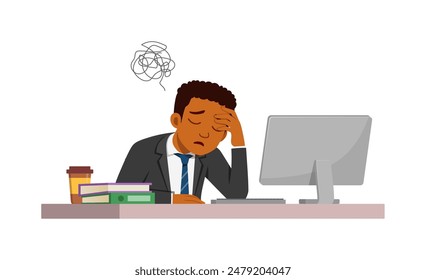 un empleado sentado en el escritorio trabajando en la oficina y sintiéndose confundido