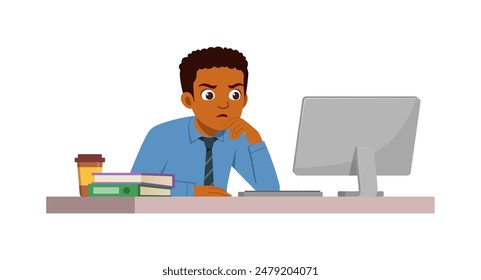 man employee sit in desk working on office and serious look to computer