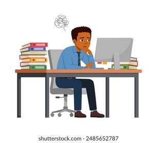 man employee sit in desk working on office and feeling confused