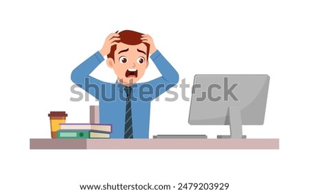 man employee sit in desk working on office and scream and panic