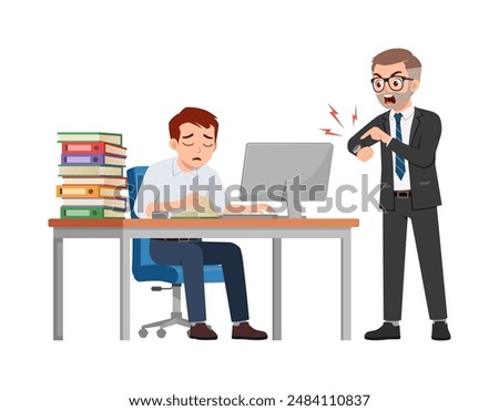 man employee sit in desk working on office with computer, boss standing angry