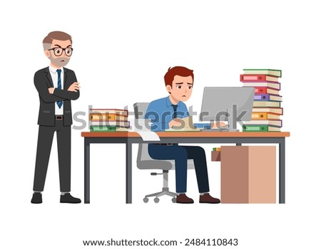 man employee sit in desk working on office with computer, boss standing angry