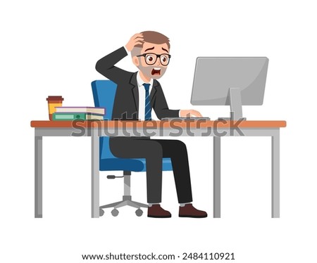 man employee sit in desk working on office and scream and panic