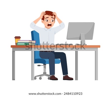 man employee sit in desk working on office and scream and panic
