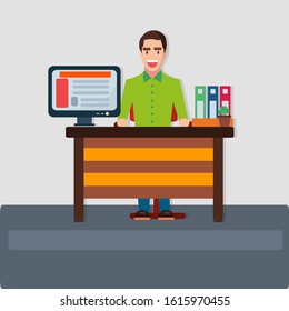 man employee sitting behind the desk vector illustration in flat style