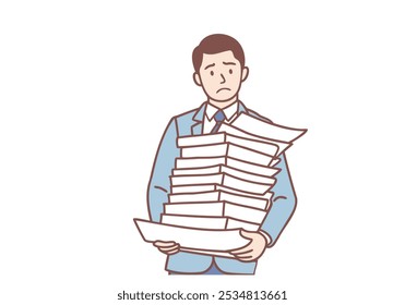 ิfuncionário de empresa com uma pilha de papéis sobrecarregada de trabalho na empresa. Ilustrações de design de vetor de estilo desenhado à mão.
