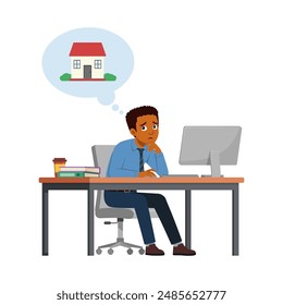 man employee think and want to go home, sit in desk working on office with computer