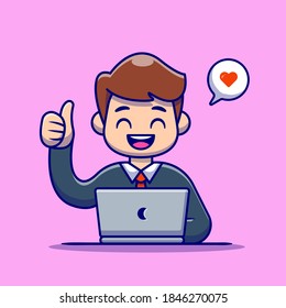 Man Employee Thumbs Up With Laptop Cartoon Vector Icon Illustration. People Technology Icon Concept Isolated Premium Vector. Flat Cartoon Style